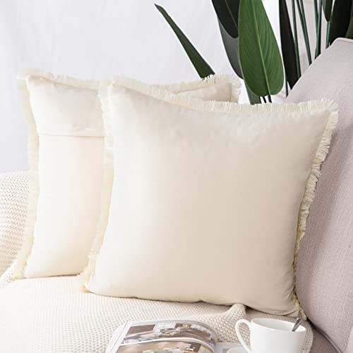 Madizz 2er Set Kissenbezügen aus Wildleder mit Fransenquasten Weiche dekorative Kissenbezüge für Sofa Schlafzimmer Kissenhülle Beige 60x60 cm Quadrat