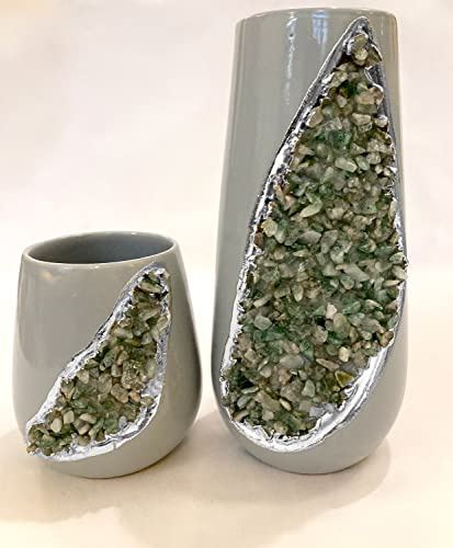 Grey and Gold Ceramic Vase/Planter/Pot/Wine Goblet/Mug with Light Green Semi - Precious Agate Crystal Gemstones |Small (Height 4 inches), (Silver - Finish)