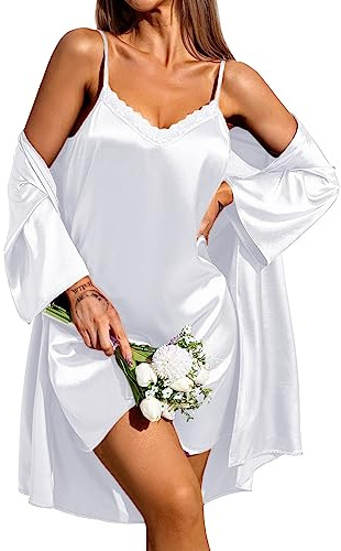 Ekouaer Camicia da Notte da Donna Abito da Notte Estivo Corto in Due Pezzi Camicia da Notte Babydoll Set bianco S