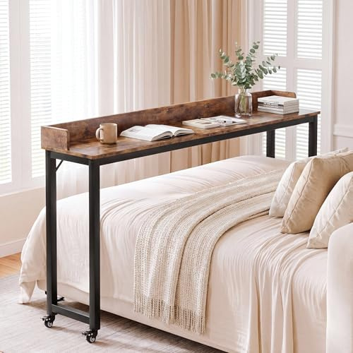 Clevich Overbed Table with Wheels, 180cm Over Bed Desk，Breakfast Bar Table | Heavy Duty 360° Rolling, for Laptop, Bedroom, Living Room, Dining, King Double Size (Retro Brown)