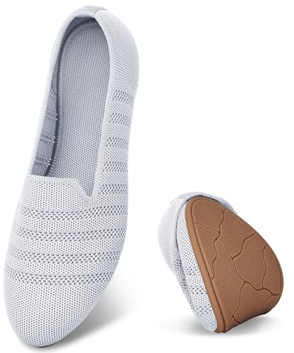 Puxowe Damen Ballerina Slip On Stricken Kleid Flache Schuhe Runde Zehe Ballerina Walking Pumps Schuhe für Frauen Bequem Elegant 36 EU Light Gray