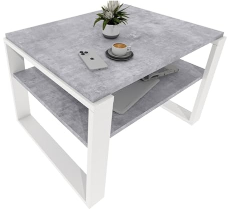 CraftPAK Wohnzimmer Tisch für Couch aus hochwertigem Holzwerkstoff, Stabiler & moderner Couchtisch mit zusätzlicher Ablagefläche, Model Kaja 63, Farbe Beton-Weiß