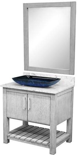 Miseno MV-30SG-NOBV-6001-19034-MIR 30 Free Standing Single Basin Vanity Set with Cabinet, Quartz Vanity Top, Rectangular Glass Vessel Sink and Mirror - Stonewash Grey/Cafe Mocha Top/Chrome
