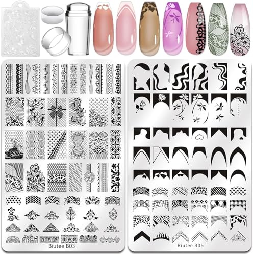 Biutee Nail Stamping Plates Set 2 PCS Large Plate 110 Patterns Nail Art Stamper Scraper Nail Stamp Template Kit French Line Lace Flower Design Masnicure Plates