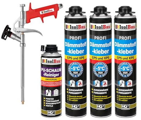 Isolbau B2 Dämmstoffkleber SET - 3 x 750 ml Perimeterkleber, 1 x PU-Schaum-Reiniger & 1x Schaumpistole für EPS & XPS-Platten - 1K PU-Klebeschaum für Dämmung und Isolieren