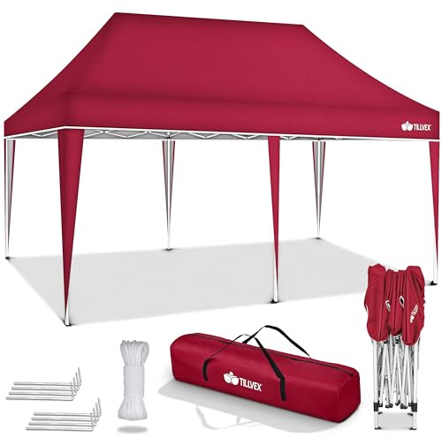 tillvex Cenador plegable de 3 x 6 m resistente al agua, altura regulable, protección ultravioleta de 50+, carpa para fiestas en el jardín, con bolsa (rojo)
