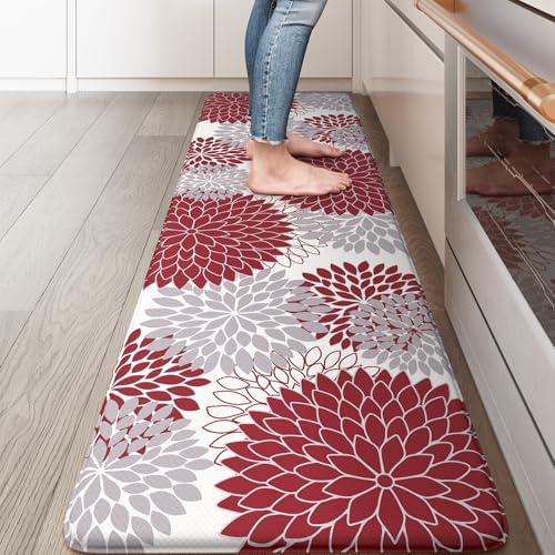 KIMODE Küchenmatte gegen Ermüdung, gepolsterter Küchenläufer mit Dahlien-Blumenmuster, rutschfeste Memory-Schaum-Küchenmatte für Boden, wasserdichte Stehschreibtischunterlage für Wäsche, Büro, Spüle