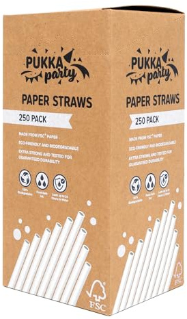 PUKKA party Paper Straws – Pack of 250 Eco-Friendly, Biodegradable Drinking Straws – Extra Strong Durability, Lasts up to 24 Hours in Water – Counter Display Unit with Tear-Away Top – White, 19.5cm