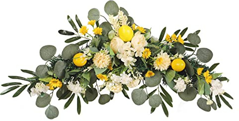 Mokylor Artificial Lemon Swag Wreath, Peony Floral Hanging Wreath with Green Leaves, Farmhouse Fruit Wreath Hanger with Wildflowers for Front Door Window Porch Kitchen Wedding (1)