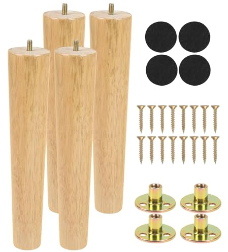Luabue 12 inch Wooden Table Legs 30cm Chair Legs Furniture Feet Set of 4 Solid Rubber Wood Sofa Legs Replacement Bed Legs Dresser Feet with Non-Slip Floor Protection Pads and Screws