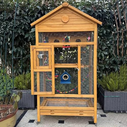 WXXSHGDW Papageienkäfig aus Holz für Den Außen, Wellensittich Käfig, Vogelkäfig Groß mit Winddichter Abdeckung, Abnehmbarer Bodenwanne und Leisen Universalrollen, für Finken, Sittiche(Yellow)
