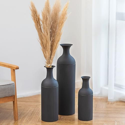 Sziqiqi Lot de 3 grands vases en métal nervuré noir 68/51/41 cm pour salon, chambre, salle à manger, cheminée, cage d'escalier