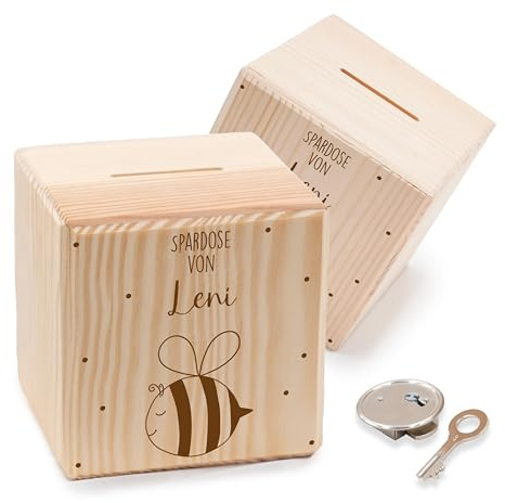 KIDSMOOD - Spardose Kinder aus Holz mit Schlüssel – Sparschwein Kinder, Personalisiert mit Namen & niedlichen Motiven – Sparbox zum Geld sparen Kinder