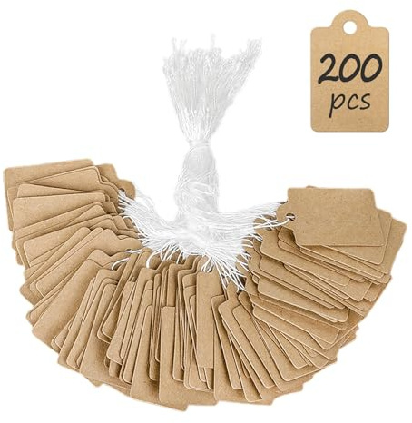 Uniclife 200 Unidades Etiquetas de Precio Kraft 2.5 cm Etiquetas de Precio Escribibles Etiquetas Kraft Fijar Ropa Joyería Regalos Etiquetas Colgar Blanco Marcar Mercancía Cuerdas Colgar, 3.5 x 2.2 cm