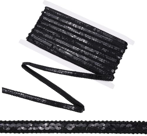 CABODYALS Tiras de Lentejuelas Negras de 10 m con Purpurina, Cinta de Una Sola Trenzada con Adorno de Encaje, Rollos de Lentejuelas Planas Y Redondas de Poliéster, Cintas Brillantes para Accesorios