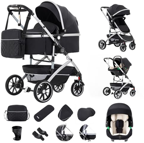 Gcarebb 3 in 1 Kinderwagen, Buggy Mit Auto Babyschale, Mit Einem Klick Zusammenklappbarer Tragbarer Kinderwagen Komplettset, KombiKinderwagen Mit Aluminiumrahmen für Neugeborene 0-4 Jahre