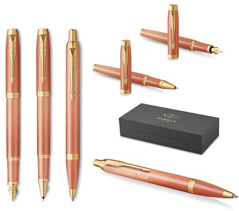 PARKER IM Rituals Set of 3 Ballpoint Pens and Fountain Pens and Rollerball Pens with Engraving, Premium Pen, Gift Box, Personalised, Birthday (Orange)