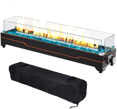 GRISUN 71,1 cm große Propangas-Feuerstelle, 45.000 BTU Tisch-Gas-Feuerstelle, Tisch-Feuerstelle für Terrasse, tragbarer Kamin im Freien, rechteckige Feuerschale mit Glas-Windschutz, Glasperlen und