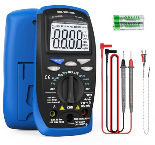 SURLABA Multimetro digitale intelligente, XF-41B Voltmetro Amperometro CA CC 600 V, tester multiplo NCV con volt, ampere, ohm, continuità, capacità, resistenza, temperatura, frequenza, test diodi