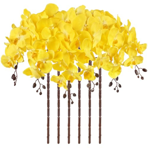 ICBOX 6PCS 41in Orchid Flowers Artificial Orchid Stems Velvet Silk Orchids That Look Real Long Stem Artificial Flowers for Tall Vase for Fall Home Wedding Party Décor (Yellow)