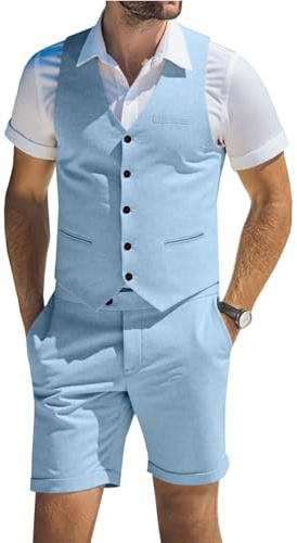 Men's Linen Suit 2 Pieces Short Vests for Men Casual Suit Summer Beach Groomsmen Groomsmen Vest Set