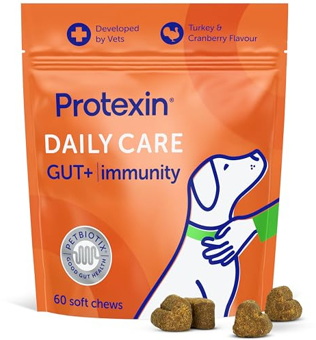 Protexin Daily Care Gut+ Immunity Supplement for Dogs, 60 Soft Chews | Prebiotic, Probiotic & Postbiotic Chew for Dogs, Supports Gut Health, Immune Function & Digestion, Turkey & Cranberry Flavour