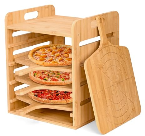 Wooden Pizza Peel Rack 12 inch x 4 Pizza Board with Handle,Pizza Pans with Grooves,Non-Stick Bamboo Pizza Tray Set Pizza Plates for Easy Storage and Baking Multiple Pizzas and Bread for Family Party