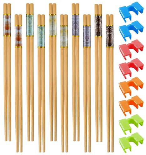 10 Pairs Resusable Wooden Chopsticks,Chinese Non-Slip Chopstick Set with 8 Clips for Beginners for Sushi Rice Noodles Asian Dishes,Dishwasher Safe