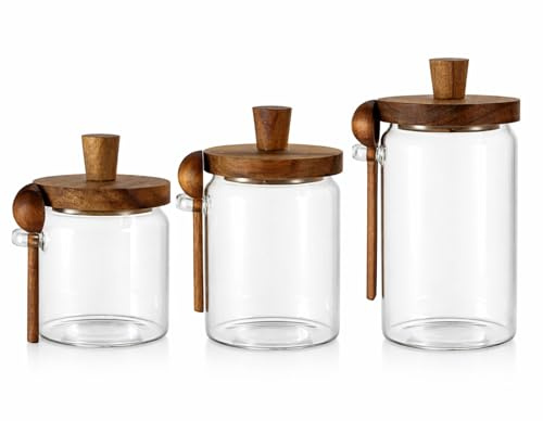GREENSAPPIRE Glass Spice Jars Set with Spoon 3pcs High Borosilicate Glass Condiment Storage Containers with Wooden Lids Airtight for storing coffee, tea, grains, snacks, and pickles.