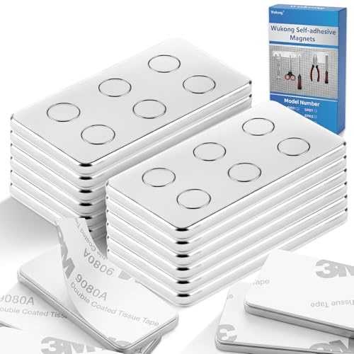 Wukong 12 Stück Selbstklebende Magnete Stark – Neodym Magnete mit 3M Kleber – Flache Klebemagnete 6x2mm mit Metallplatte 40x20x2mm – Magnetband für Küche, Büro, Werkstatt