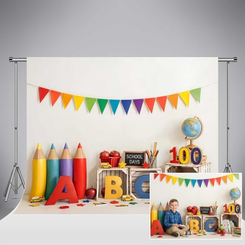 Sfondo fotografico Kate 100 giorni di scuola 10x10ft/3x3m con lettere dell'alfabeto pastelli e mele Sfondo per foto per bambini ritorno a scuola cabina fotografica studio fotografico