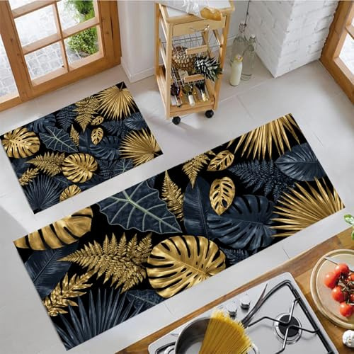 Set Di 2 Tappeti Da Cucina Foglie Dorate Monstera Deliziosa, Tappetini Da Cucina Pianta Tropicale Lussuosa per La Decorazione Della Casa E L'ufficio, Impermeabili, Antiscivolo, 40x60cm+40x120cm