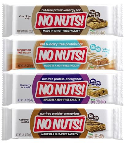 No Nuts! Protein Bar Variety Pack 4 Count Sampler | Nut-Free & School-Safe | Chocolate Chip, Caramel Mocha, Cinnamon Roll & Blueberry Vanilla | Dairy-Free, Vegan, Non-GMO, Organic, Kosher