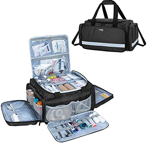 Trunab First Responder Bag - Empty, Professional Medical Supplies Bag with Inner Dividers for Home Health Nurse, Community Care, EMT, EMS - Black - Patented Design