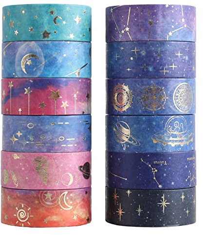 Fayemint 12 Rolls Washi Tape, stjärnhimmel, dekorativt band, kollektion scrapbooking band, för konst, Bullet Journal, scrapbooking, DIY, presentförpackning, semesterdekoration