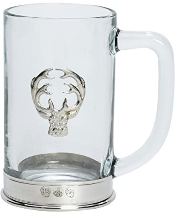 Farm Cottage Brands Lead Free pewterware Mounted 535ml Glass Beer Tankard with a Stag's Head Motif