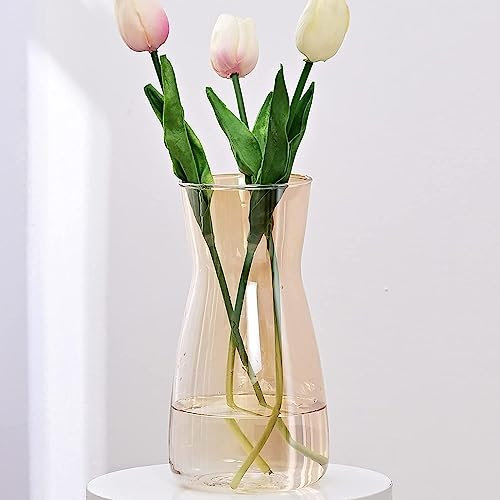 Vzmiza Bernstein Glas Vase 20 cm Vasen Deko Für Moderne Heimdekoration - Flower Vase Für Pampasgras - Deko vasen Für Deko Aesthetic - Vasen Glas für Hochzeit - Große Blumenvase für tulpen-Esstisch