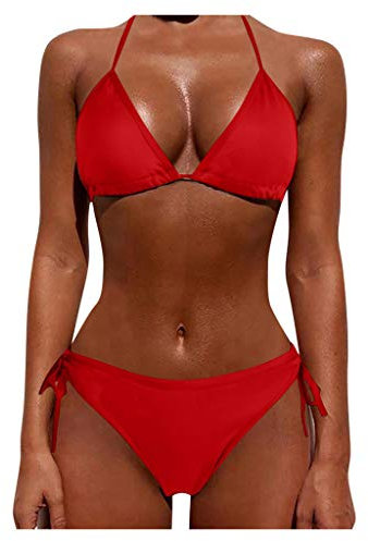 High Waisted Bikini Set Red, Push Up Beach Wear Set, Low Waisted Strappy Women Sexy Brazilian Bikini Set 2 Piece Spaghetti Strap Halterneck Bra Deals of The Day Sale Crew