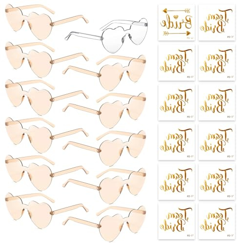 HIQE-FL Partybrille Herz Sonnenbrille, 12 brud to be herz sonnenbrille und 12 Team Bride-tatueringar, partytatuering för barn, för barn och tonåring, högtid, hippie hjärt glans, JGA Partybrillen och