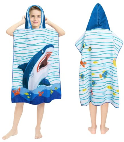 Queenshin Shark Beach Towel, Shark Towel for Kids with Hood | Oversized Microfiber Absorbent Beach, Bath, Pool, Swim Towels Poncho for Boys and Girls | Large Big Blue Shark 26 x 30