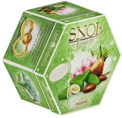 Snob Lieto Evento Confetti VERDI ai Gusto Cocco, Limone, Fragola, Arancia, Cappuccino, Ricotta e Pera per Crispo Senza Glutine (Gluten Free) 500g