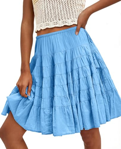 Cicy Bell Womens Summer Pleated Skirts Boho Layered Tiered Low Rise Knee Length Skirt Flowy Beach Vacation Outfits Blue