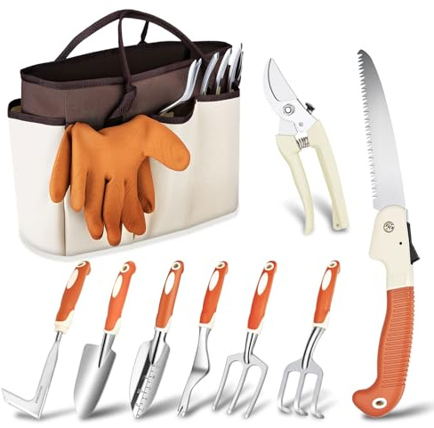 Garden Tool Set - 10 PCS Heavy Duty Stainless Steel Gardening Tools Set with Storage Bag, Gardening Kit Ideal Gardening Gifts for Women & Men, Indoor/Outdoor Use for Digging, Planting, Pruning