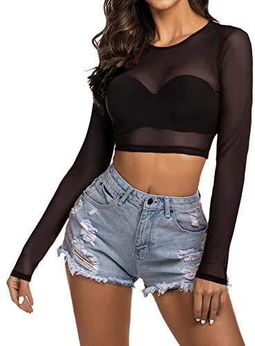 Avidlove Mesh Crop Top Long Sleeve Sheer Tops for Women See Through Shirt Black L