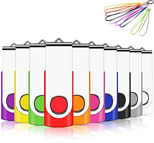 Cle USB 2 Go, EASTBULL Clé USB 2.0 Flash Drive Clef USB Pivotant Stockage Disque Mémoire Stick Pendrive avec 10 Cordes (10 Couleurs 2GB*10PCS)
