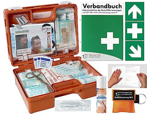 Verbandskoffer/Verbandskasten (K) Typ SN - aktuelle DIN 13157:2021 + 90° ARRETIERUNG -Paket 1- Erste Hilfe für Betriebe + VERBANDBUCH (nach DSGVO) + Sprühpflaster + Notfallbeatmung + Aufkleber