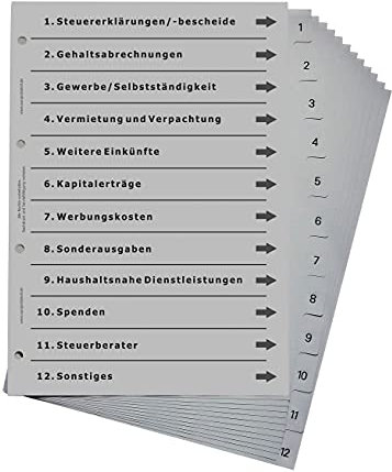 Ordnerregister für Steuern und Finanzamt, durchdachtes Register für DIN A4 Ordner, Steuerordner für Steuerunterlagen und Steuererklärungen, lichtgrau