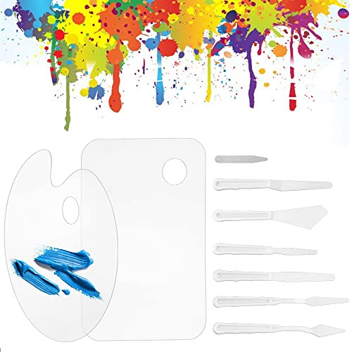 YAANBUNB 2 Pcs Acrylic Paint Palette Oval Clear Paint Tray Rectangle Non-Stick Palette Thumb Hole Paint Pallet Art Paint Pallet Set with 6 Palette Knife & Protective Film for DIY Art Craft Painting