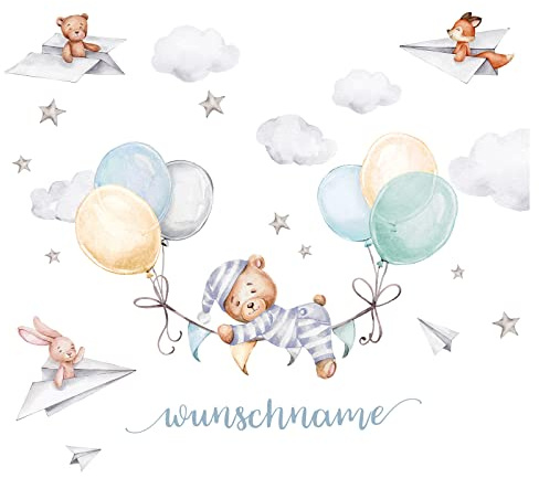 Little Deco Bär mit Luftballons Wandtattoo Tiere mit Name Kinderzimmer Wandsticker personalisiert Babyzimmer Wandaufkleber selbstklebend DL841-4