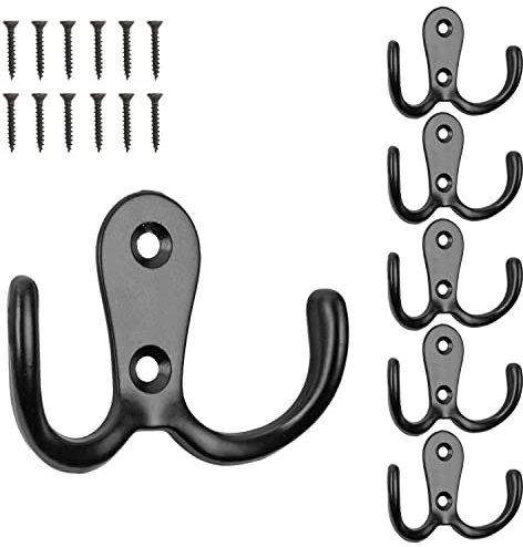 Haken zum Schrauben, 6 Stück, in Schwarz, Außen 54 x 40 x 15 mm, Doppelhaken inkl. Holzschrauben, Garderobenhaken für Tür, Bad, Küche, Flur, DIY Metallhaken, Mantelhaken, Huthaken, Wand Schraubhaken